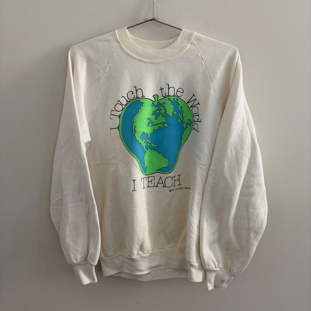 Vintage Jerzees I Touch the World I Teach Sweatshirt White Mens Medium 1987